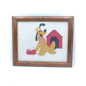 Vtg Complete framed Mickey Pluto doghouse Disney Counted Cross Stitch artwork